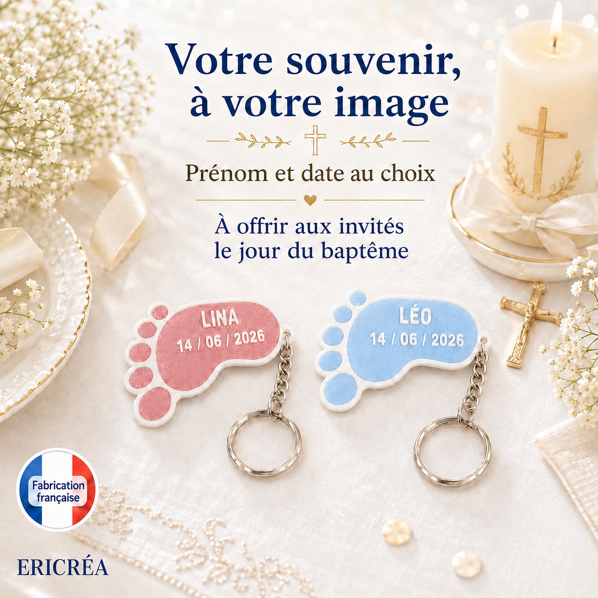 Porte-clés pied personnalisé pour baptême en rose et bleu, prénom et date au choix