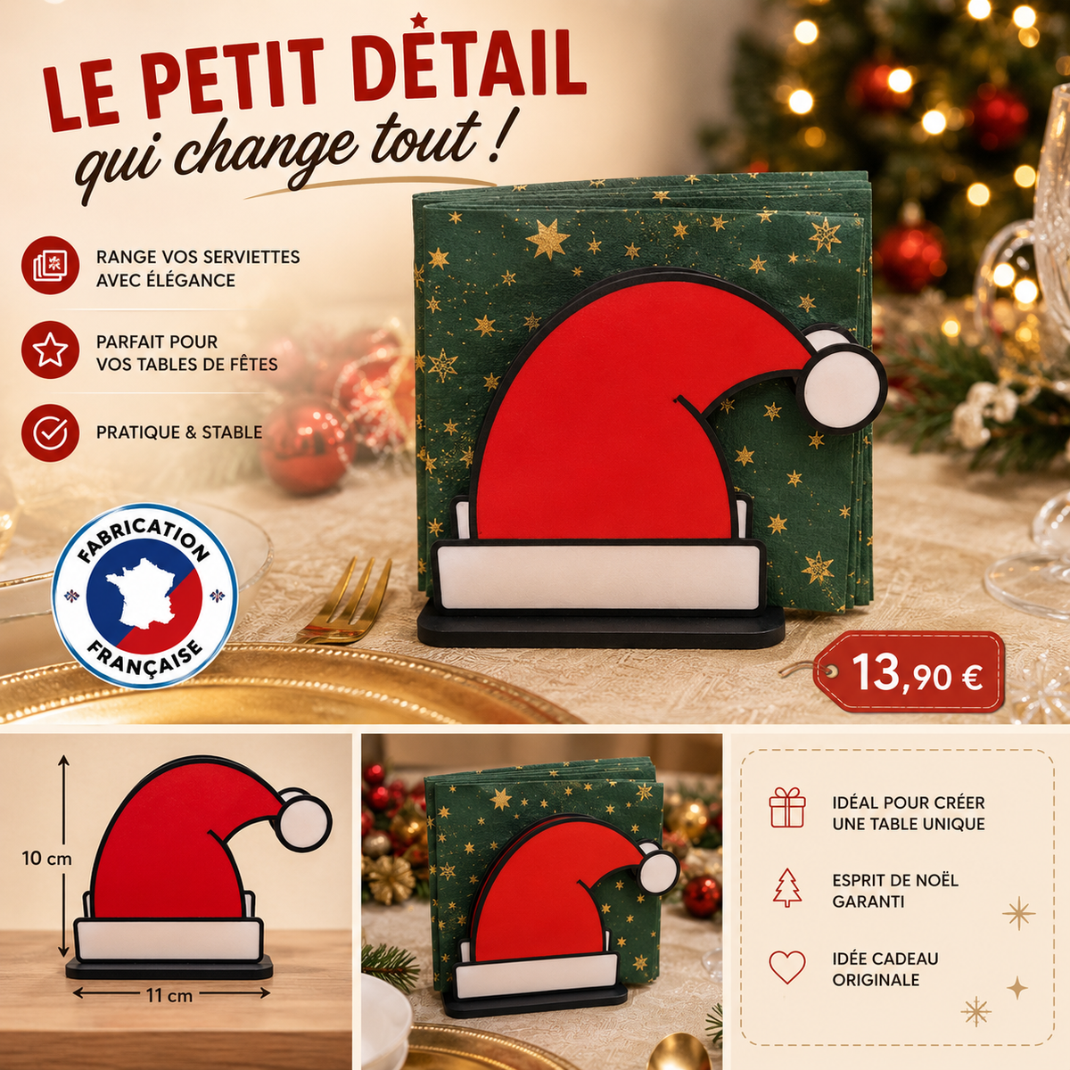 Porte-serviettes de Noël bonnet de Père Noël - 10 x 11 cm