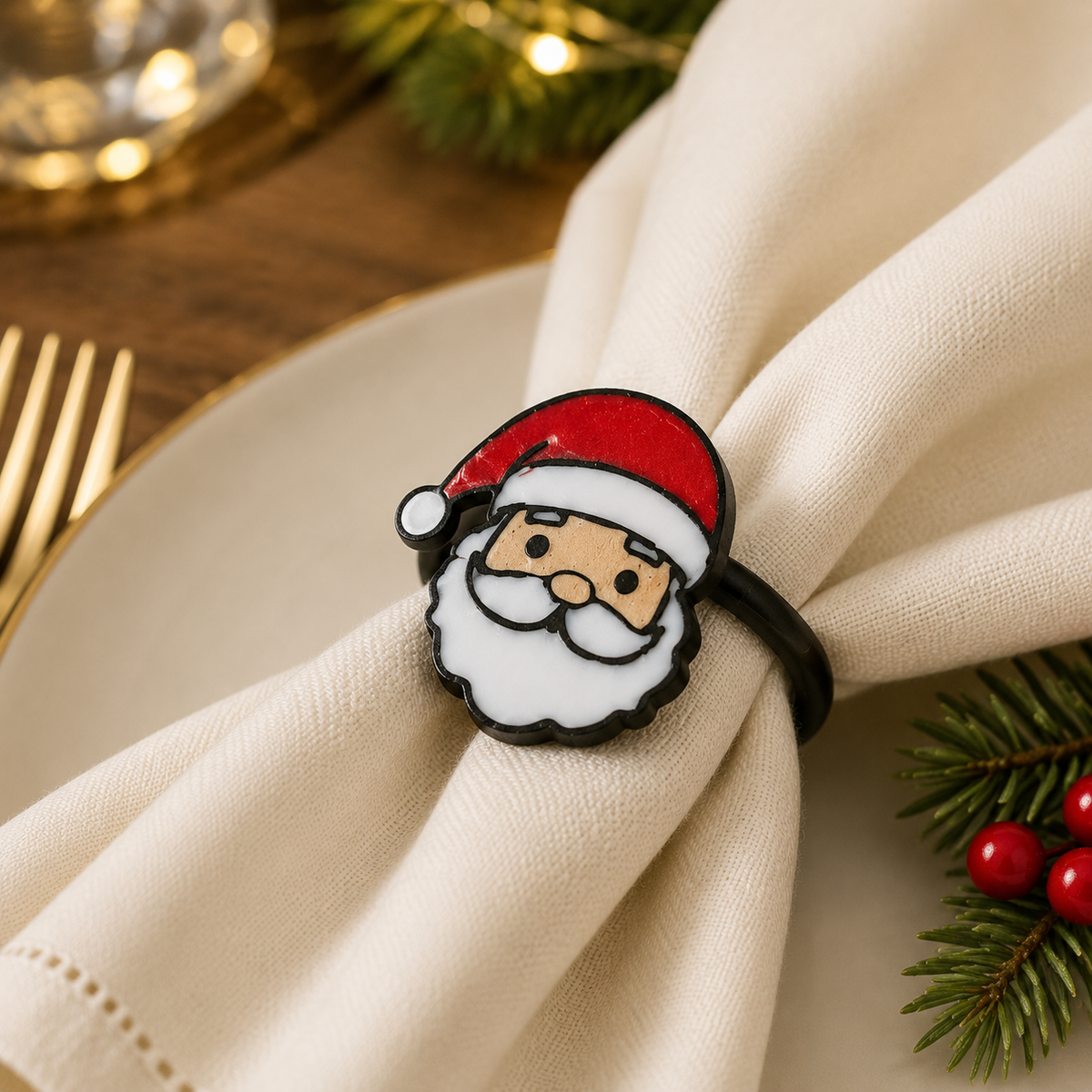 Gros plan du rond de serviette Père Noël sur une serviette crème
