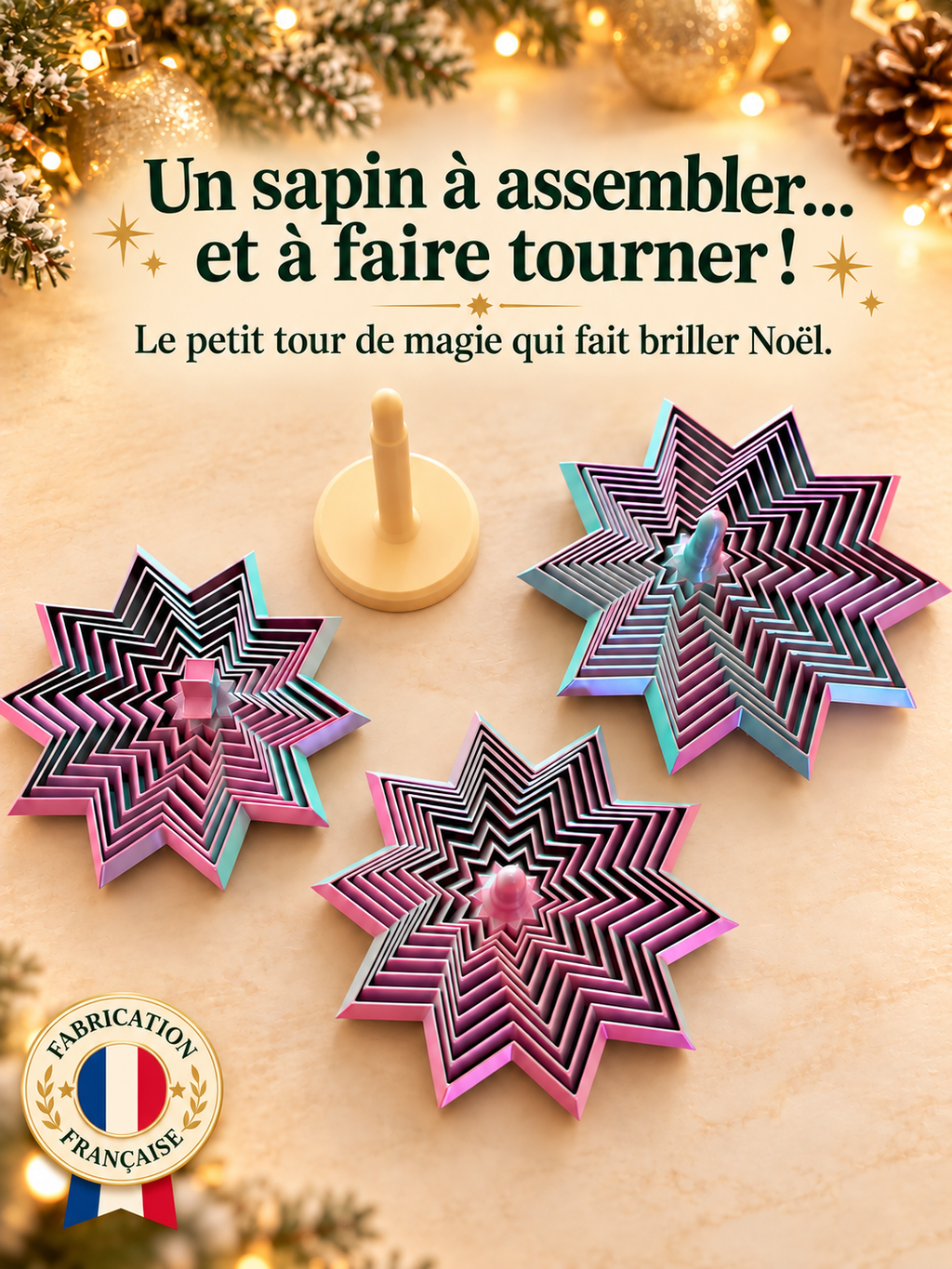 Pièces du sapin de Noël tournant posées à plat avant assemblage