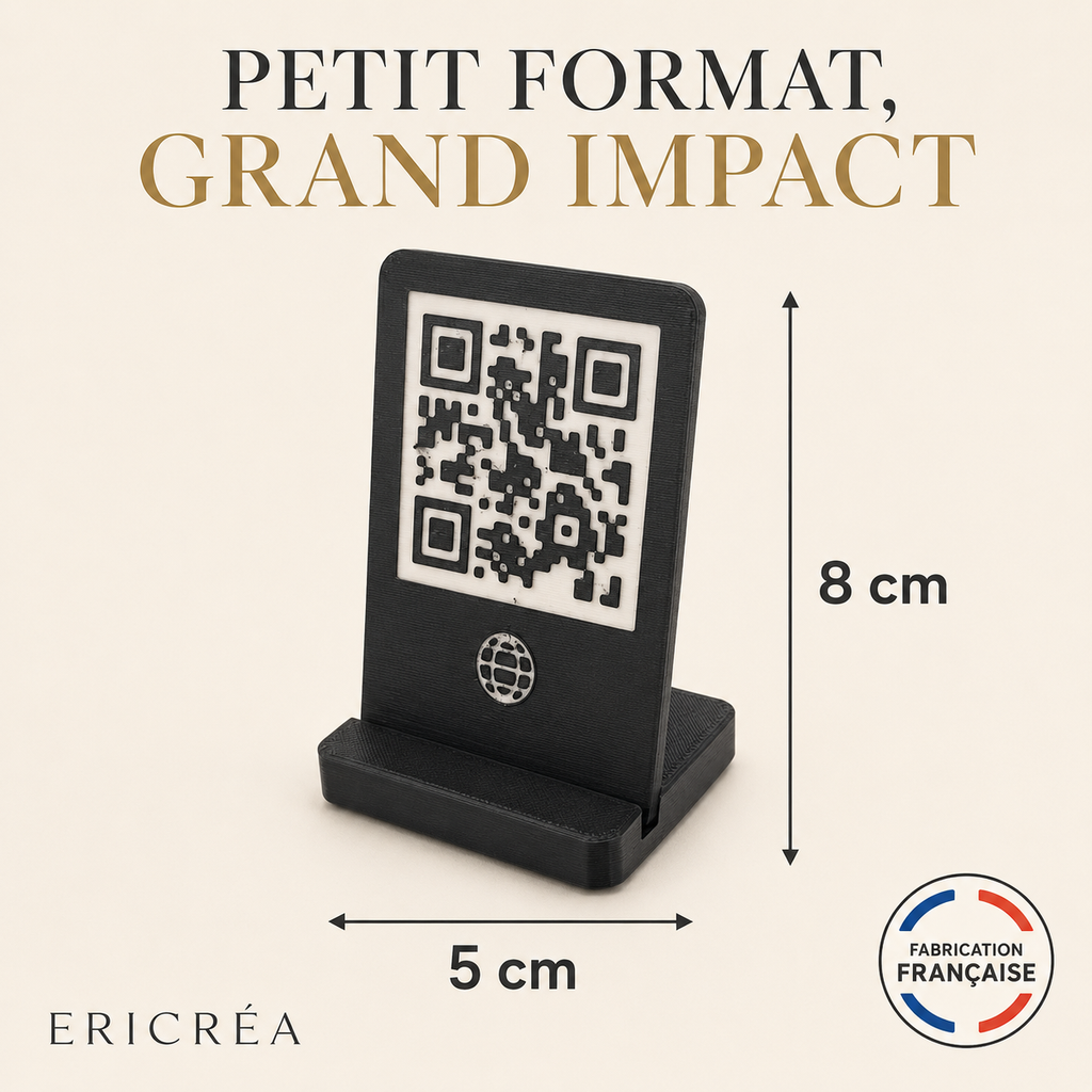 Dimensions du support QR code : 8 cm de haut sur 5 cm de large