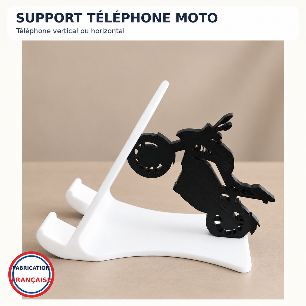 Support téléphone moto blanc, vue de côté sur fond beige contrasté