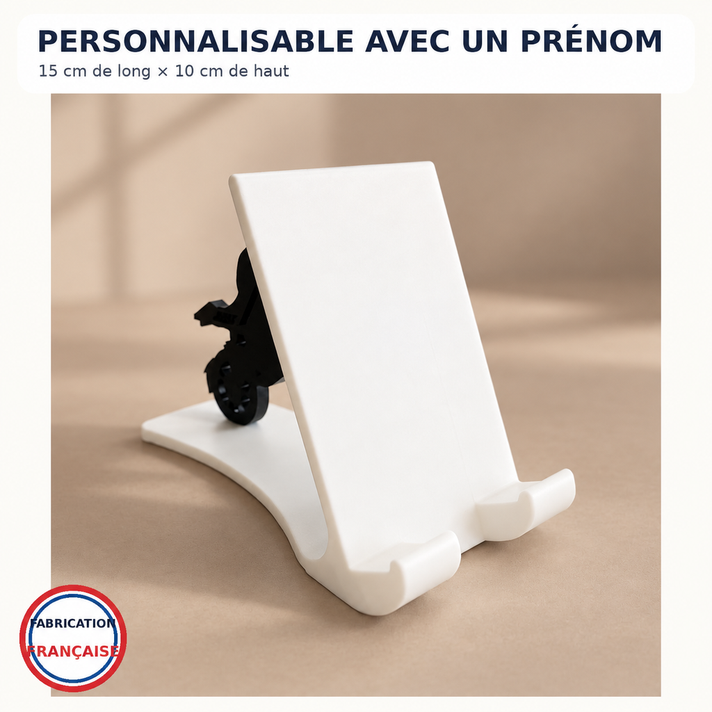 Support téléphone moto blanc, vue arrière sur fond beige contrasté