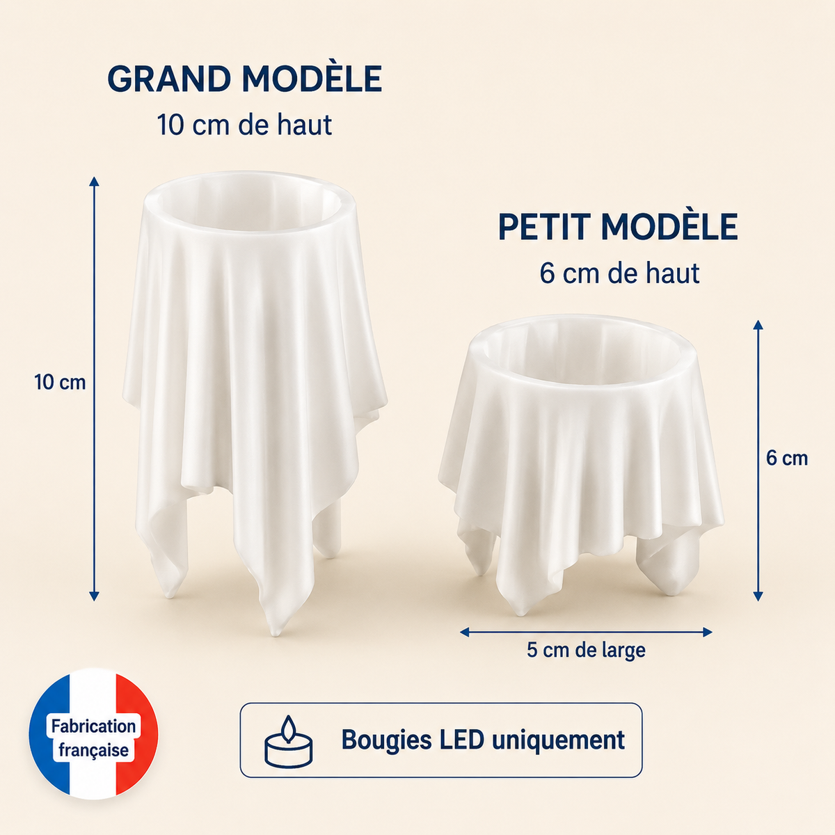 Dimensions des supports pour bougies LED grand 10 cm et petit 6 par 5 cm