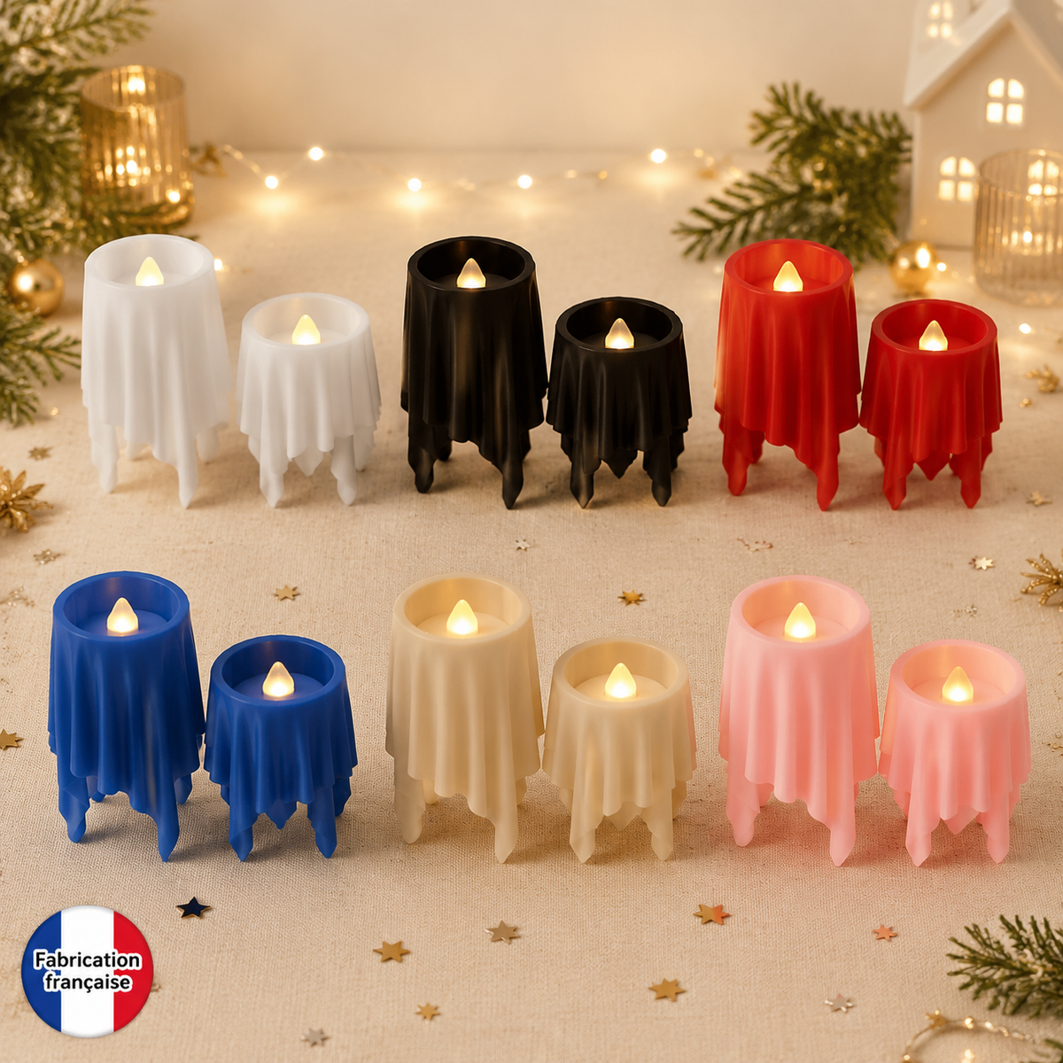 Supports pour bougies LED effet drapé en blanc noir rouge bleu beige et rose